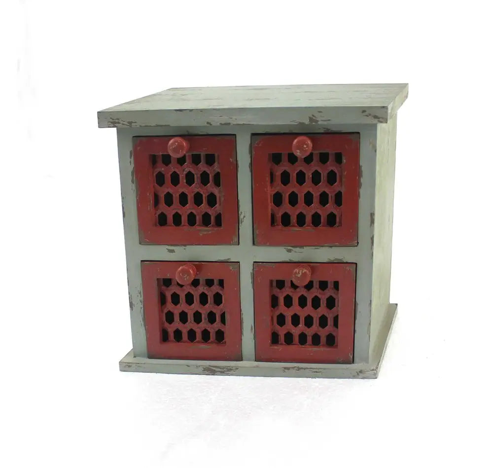 14" Red And White Distressed Wood Four Drawer Desk Organizer HomeRoots
