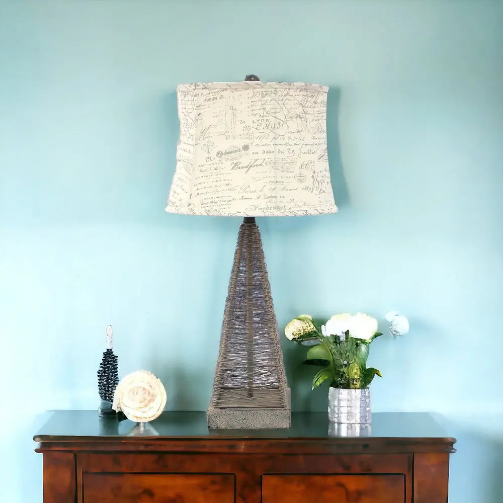 29" Gray Metal Geometric Bedside With White Text Drum Shade HomeRoots