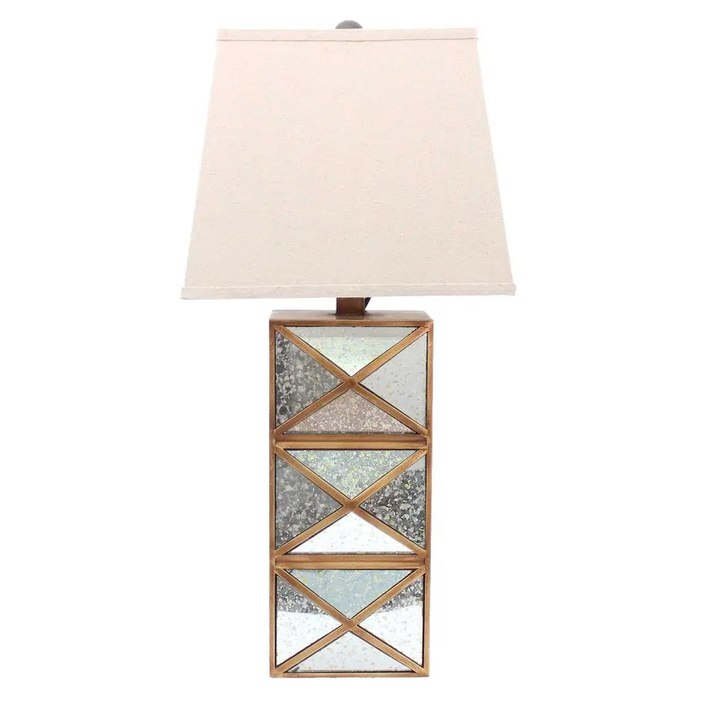 28" Distressed Gold And Silver Metal Bedside Lamp With Beige Shade HomeRoots