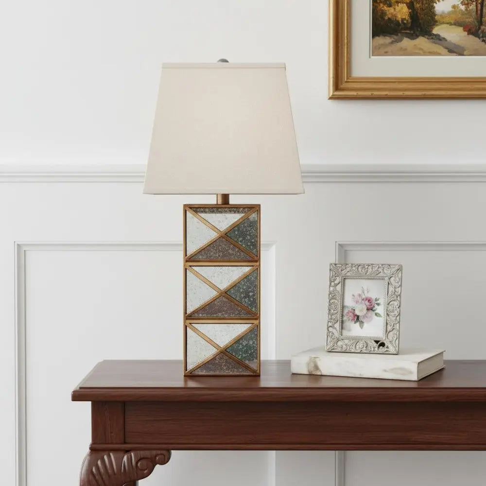 28" Distressed Gold And Silver Metal Bedside Lamp With Beige Shade HomeRoots