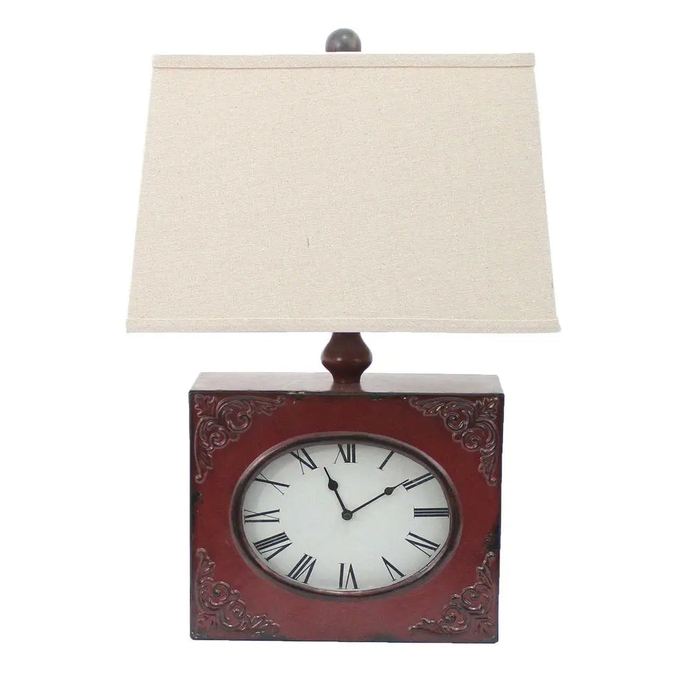 22" Distressed Red Metal Bedside Lamp With Beige Shade HomeRoots
