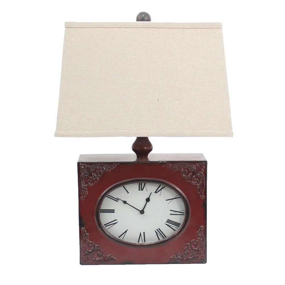 22" Distressed Red Metal Bedside Lamp With Beige Shade HomeRoots