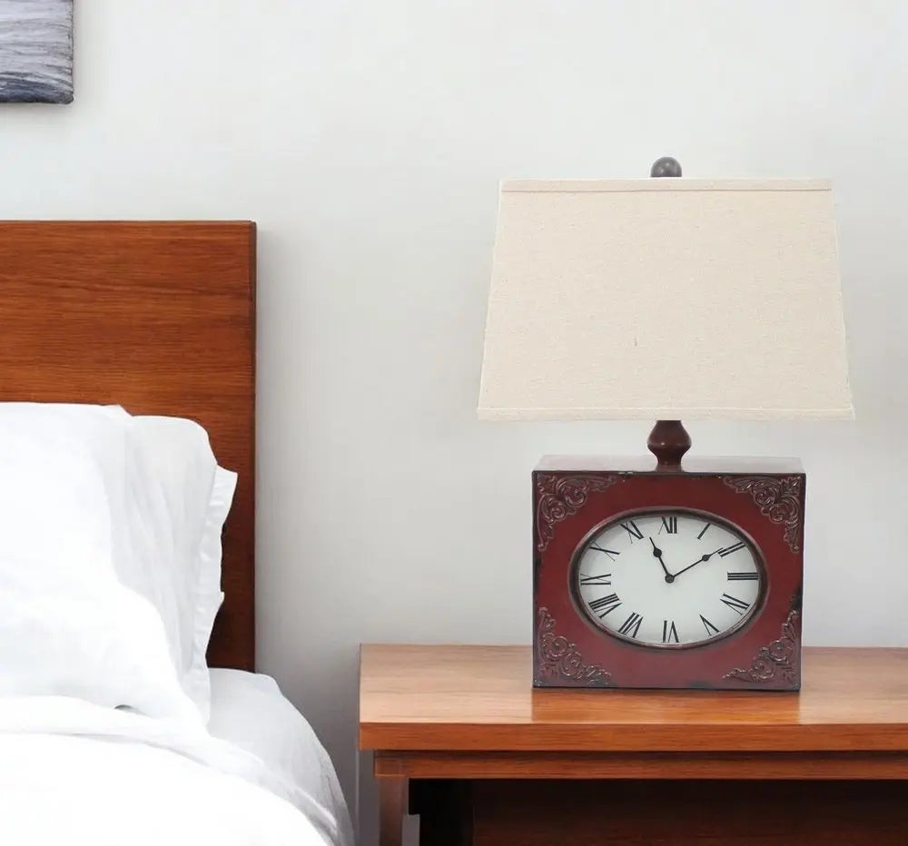 22" Distressed Red Metal Bedside Lamp With Beige Shade HomeRoots