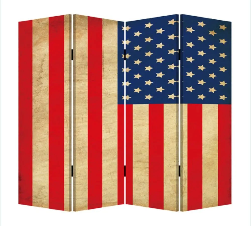 84" Red Natural And Blue American Flag Reversible Canvas Folding Four Panel Room Divider HomeRoots