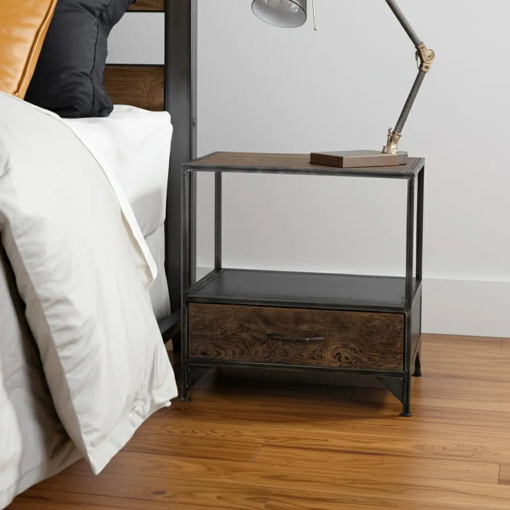 28" Brown And Dark Gray Steel and Solid Wood Distressed One Drawer Nightstand - NOBLE HOME INTERIORS