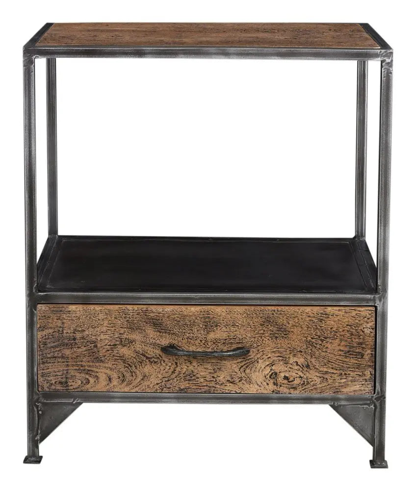 28" Brown And Dark Gray Steel and Solid Wood Distressed One Drawer Nightstand - NOBLE HOME INTERIORS