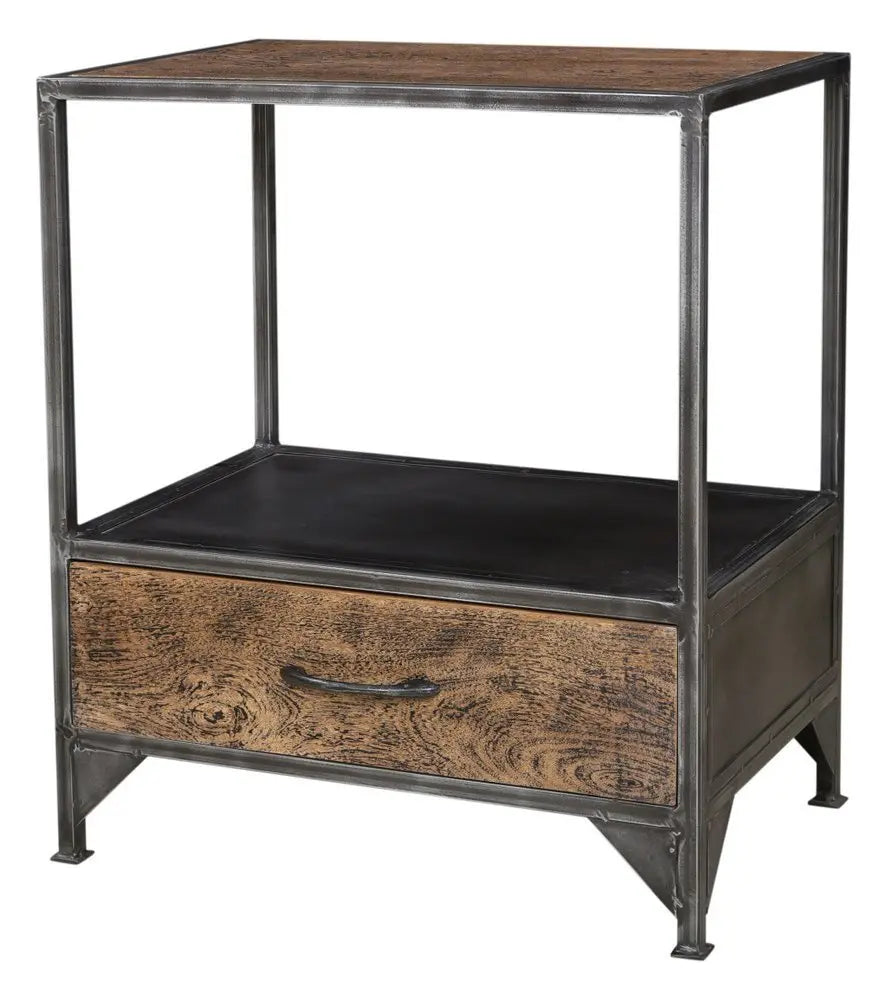 28" Brown And Dark Gray Steel and Solid Wood Distressed One Drawer Nightstand - NOBLE HOME INTERIORS