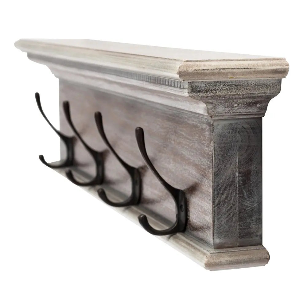 28" Brown Solid Wood Four Hook Wall Mount Coat Rack - NOBLE HOME INTERIORS
