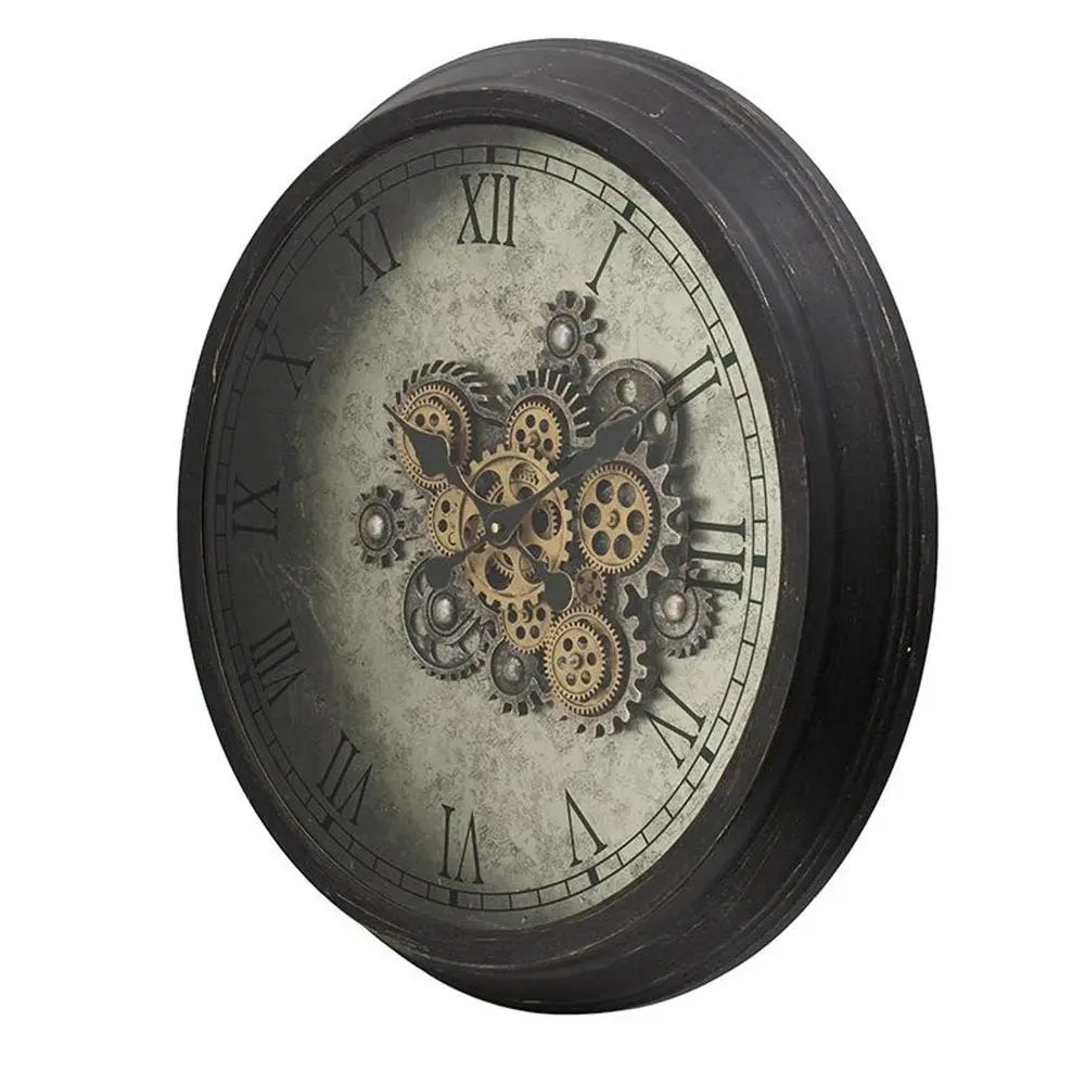 28" Circle Black and Gray Wood and Glass Analog Exposed Gear Wall Clock - NOBLE HOME INTERIORS