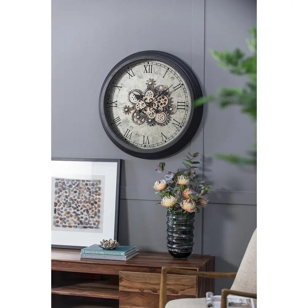 28" Circle Black and Gray Wood and Glass Analog Exposed Gear Wall Clock - NOBLE HOME INTERIORS