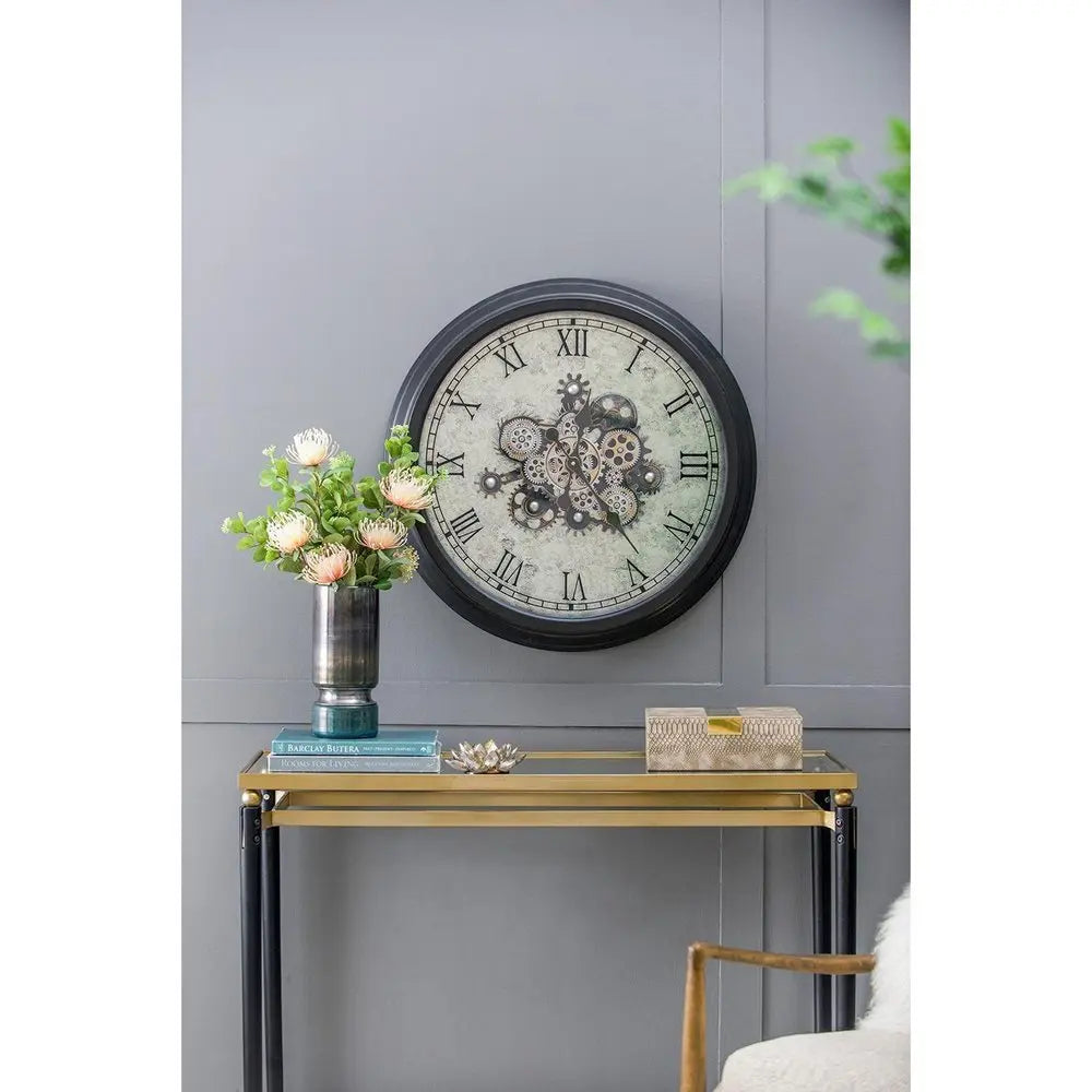 28" Circle Black and Gray Wood and Glass Analog Exposed Gear Wall Clock - NOBLE HOME INTERIORS
