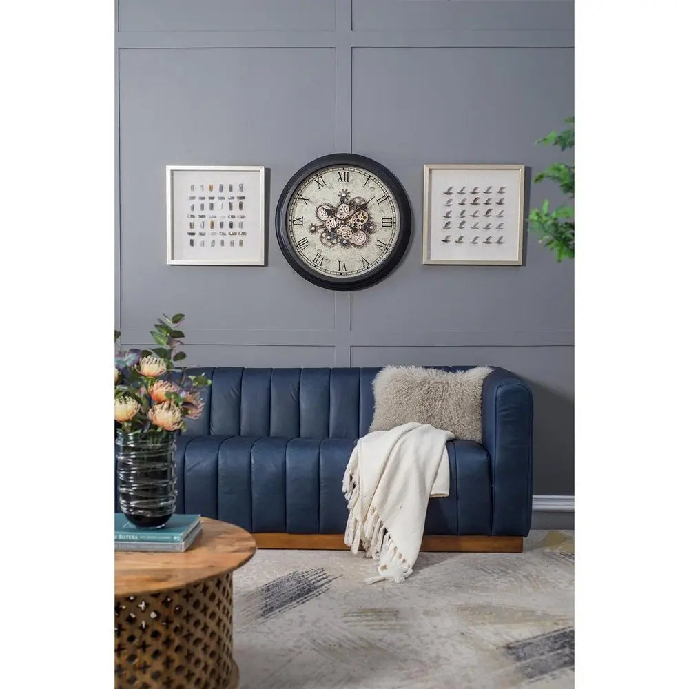 28" Circle Black and Gray Wood and Glass Analog Exposed Gear Wall Clock - NOBLE HOME INTERIORS