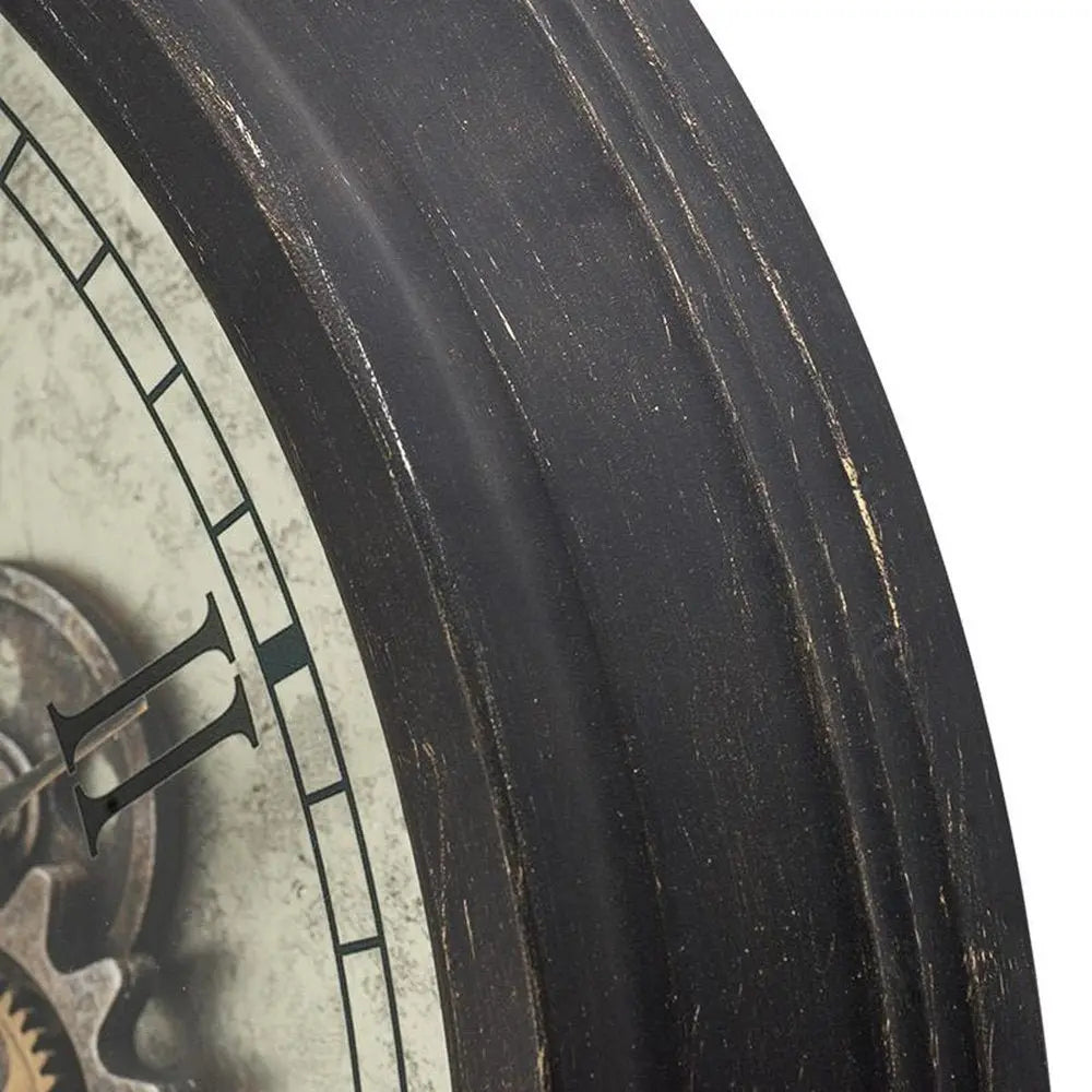 28" Circle Black and Gray Wood and Glass Analog Exposed Gear Wall Clock - NOBLE HOME INTERIORS