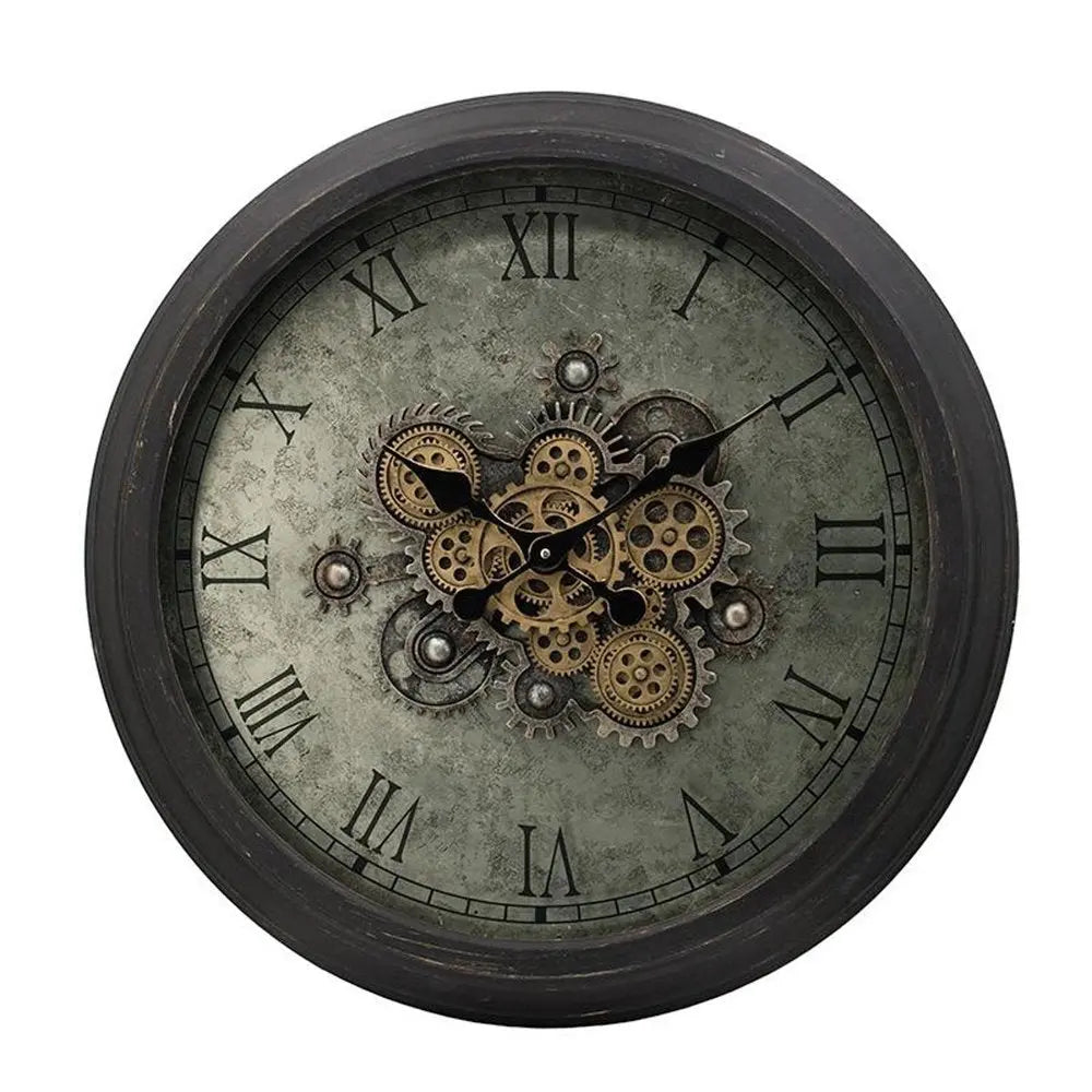 28" Circle Black and Gray Wood and Glass Analog Exposed Gear Wall Clock - NOBLE HOME INTERIORS