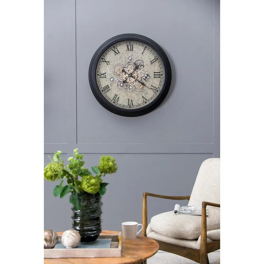 28" Circle Black and Gray Wood and Glass Analog Exposed Gear Wall Clock - NOBLE HOME INTERIORS