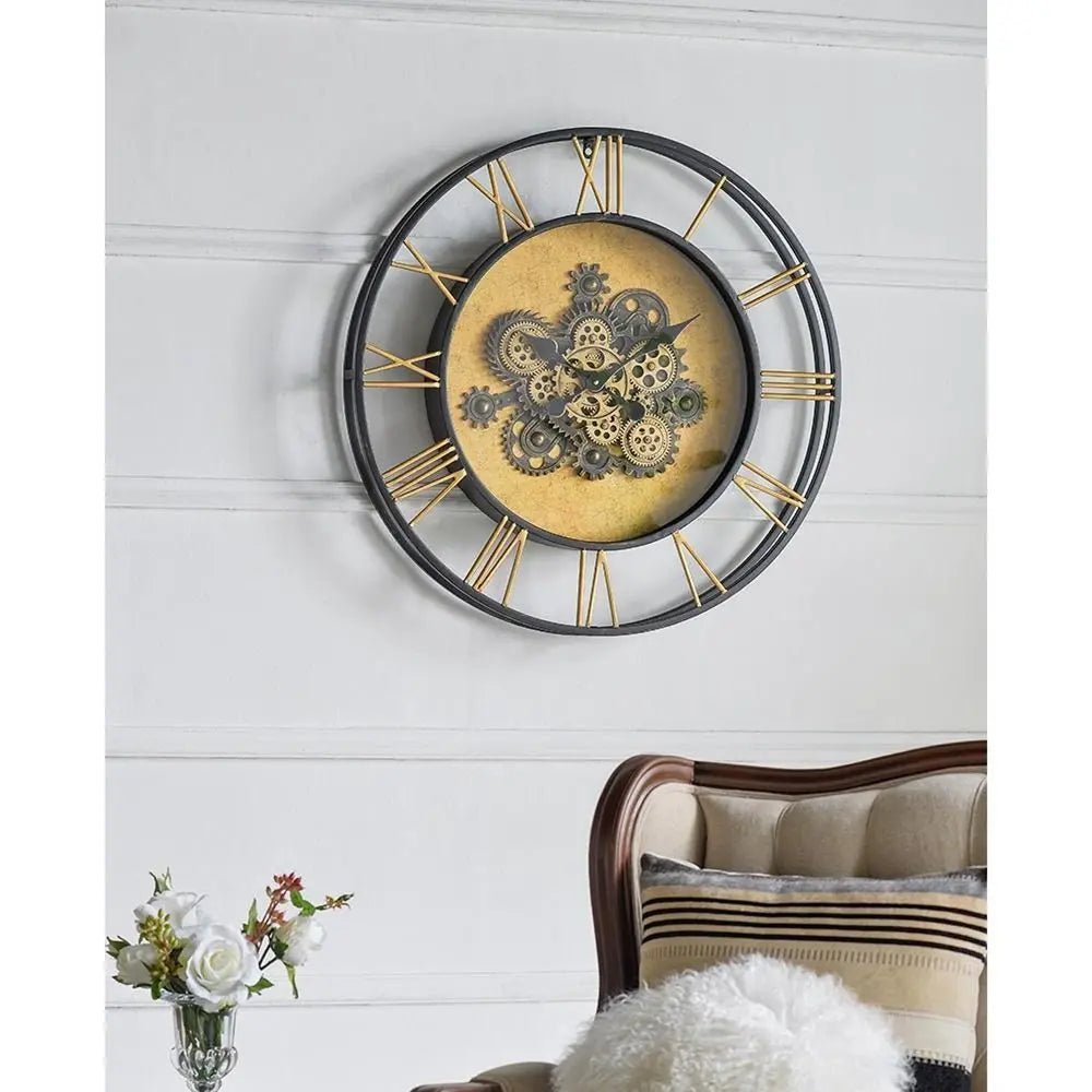 28" Circle Copper Metal and Glass Analog Exposed Gear Wall Clock - NOBLE HOME INTERIORS