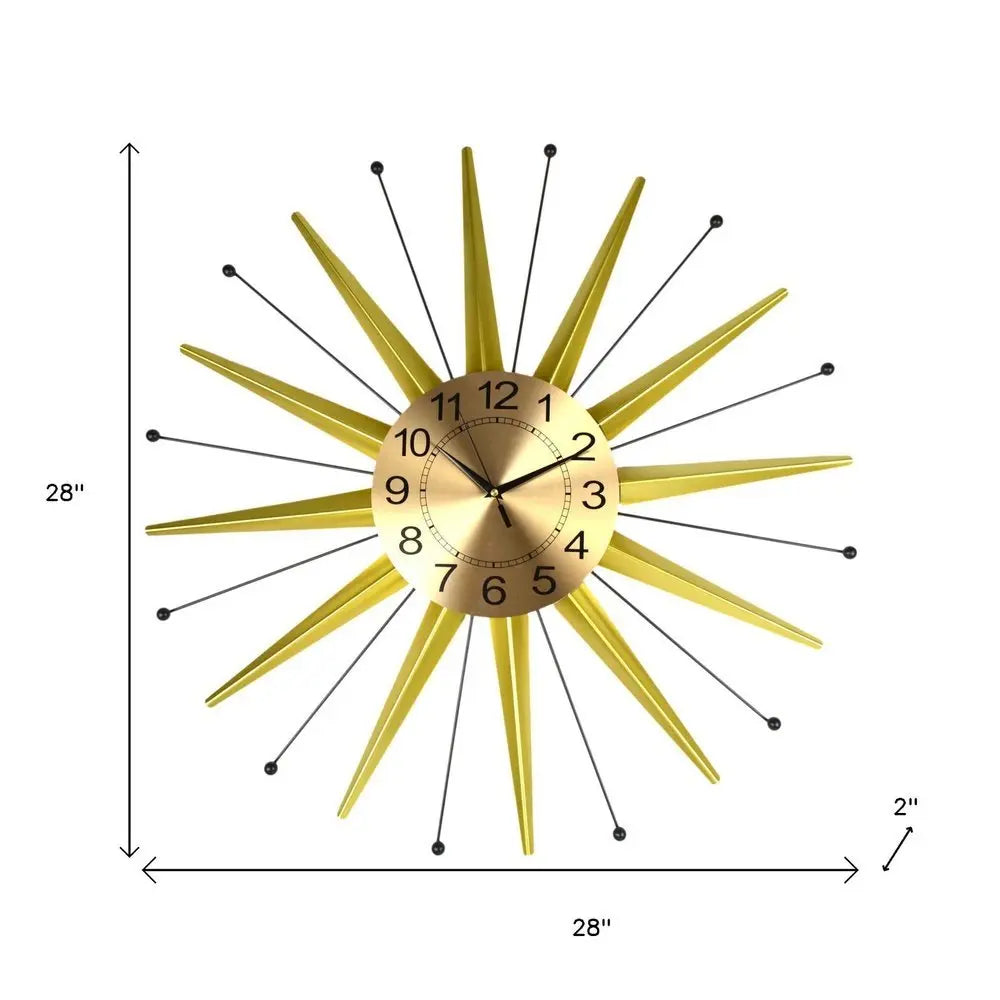 28" Gold And Black Metal Silent Analog Starburst Wall Clock - NOBLE HOME INTERIORS