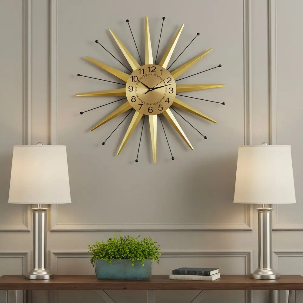 28" Gold And Black Metal Silent Analog Starburst Wall Clock - NOBLE HOME INTERIORS