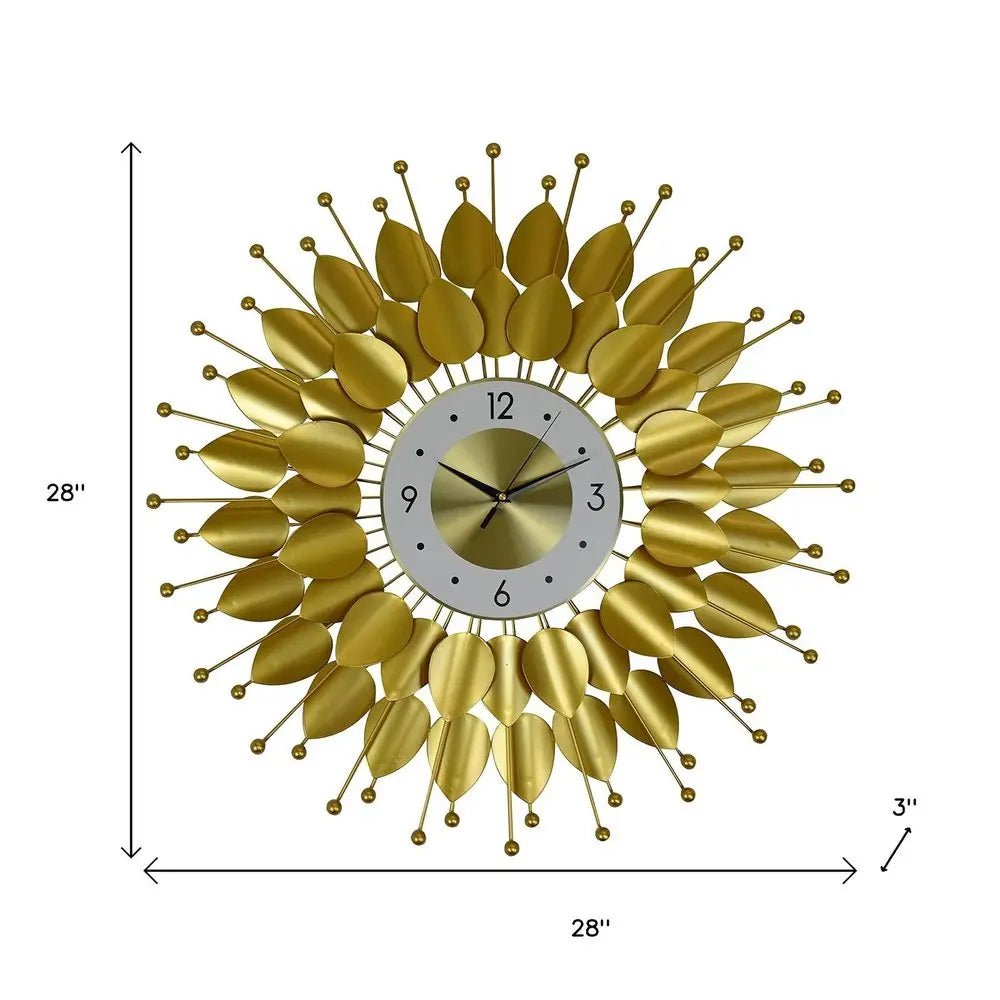 28" Gold And White Metal Silent Analog Floral Sunburst Wall Clock HomeRoots