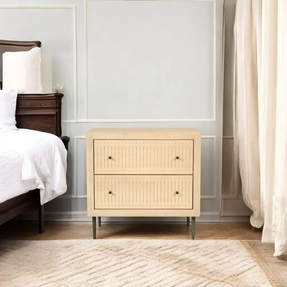 28" Natural Solid Wood Distressed Carved Geometric Two Drawer Nightstand - NOBLE HOME INTERIORS