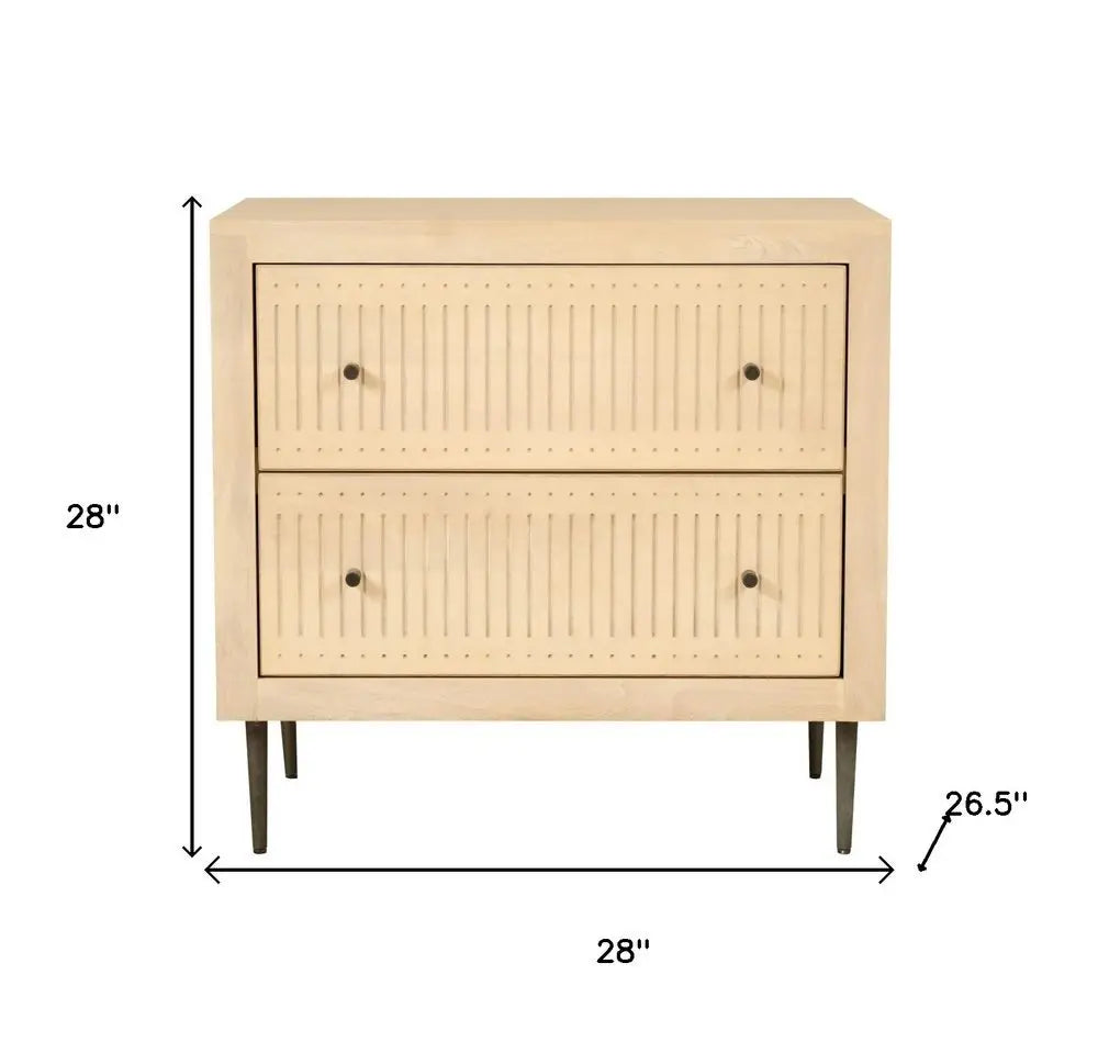 28" Natural Solid Wood Distressed Carved Geometric Two Drawer Nightstand - NOBLE HOME INTERIORS