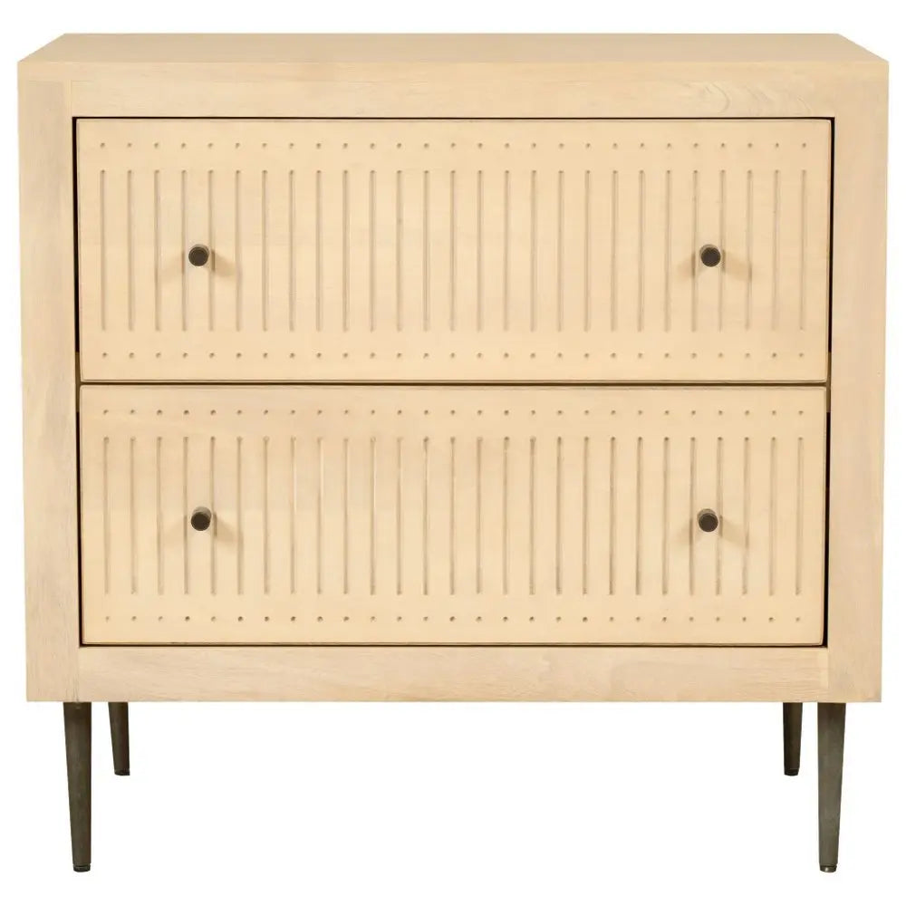 28" Natural Solid Wood Distressed Carved Geometric Two Drawer Nightstand - NOBLE HOME INTERIORS