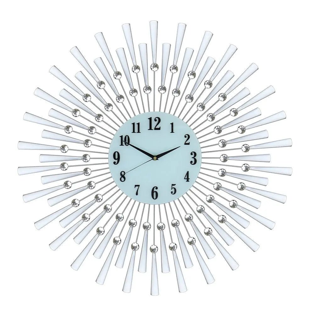 28" Silver And White Metal Silent Analog Sunburst Wall Clock HomeRoots