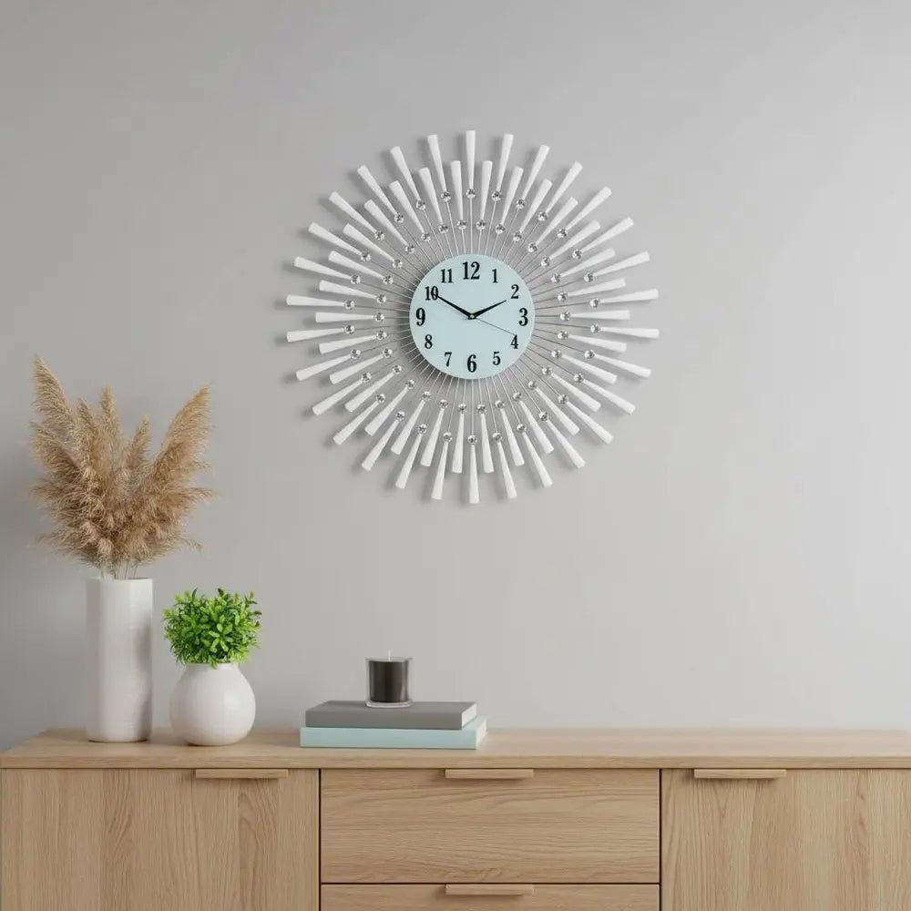 28" Silver And White Metal Silent Analog Sunburst Wall Clock HomeRoots
