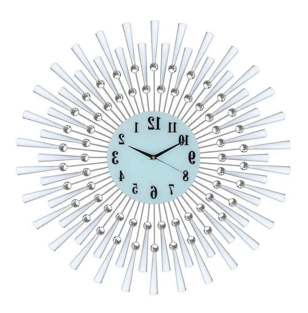 28" Silver And White Metal Silent Analog Sunburst Wall Clock HomeRoots