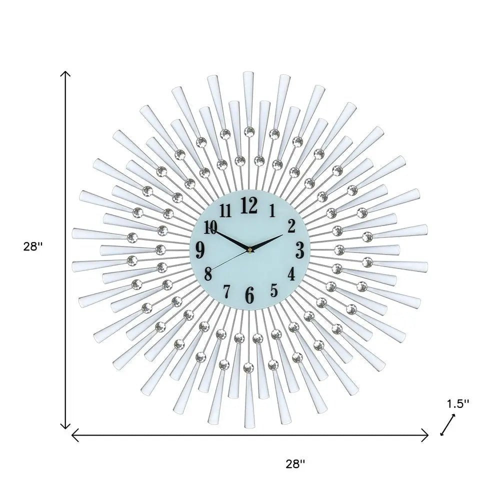 28" Silver And White Metal Silent Analog Sunburst Wall Clock HomeRoots