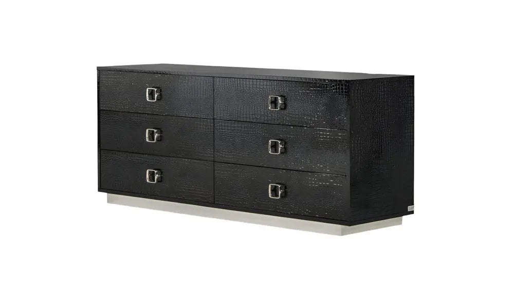 63" Black Six Drawer Shagreen Faux Croc Double Dresser HomeRoots