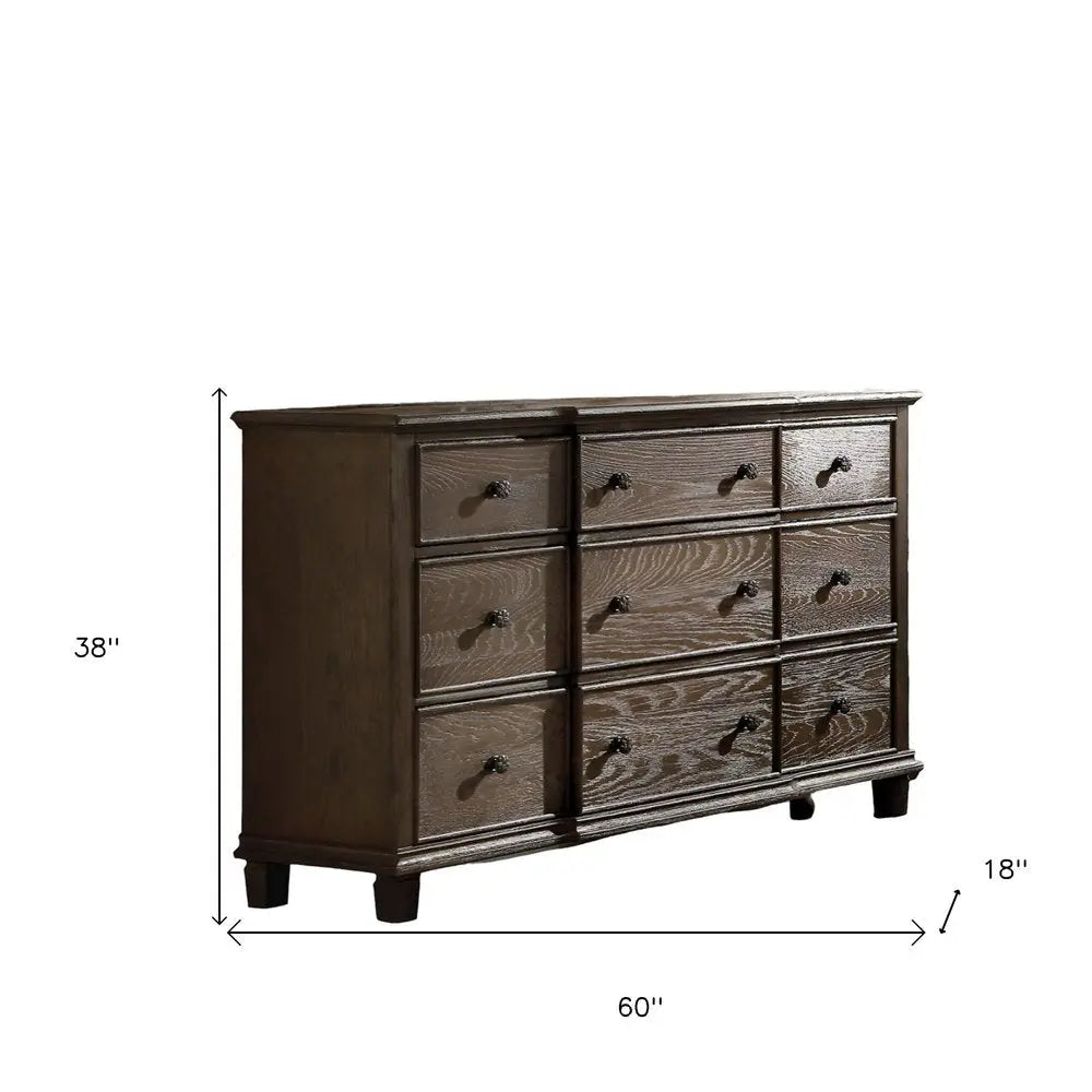 60" Dark Brown Solid Wood Nine Drawer Double Dresser HomeRoots