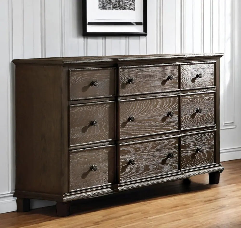 60" Dark Brown Solid Wood Nine Drawer Double Dresser HomeRoots