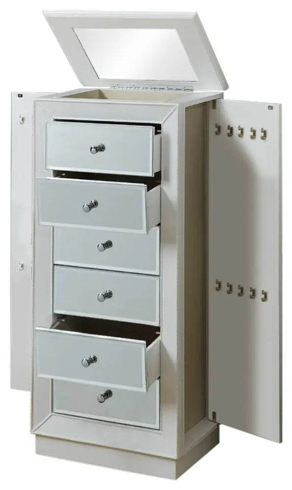 38" White Six Drawer Wood and Mirrored Glass Jewelry Armoire HomeRoots