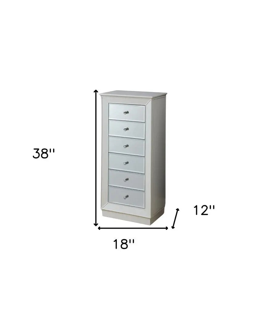 38" White Six Drawer Wood and Mirrored Glass Jewelry Armoire HomeRoots