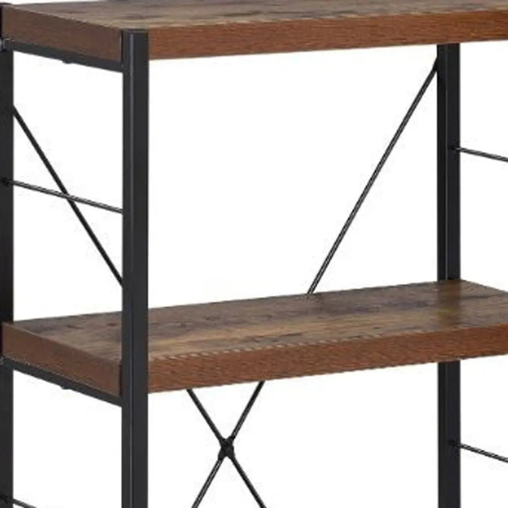 43" Black And Brown Distressed Metal and Wood Three Tier Etagere Bookcase HomeRoots