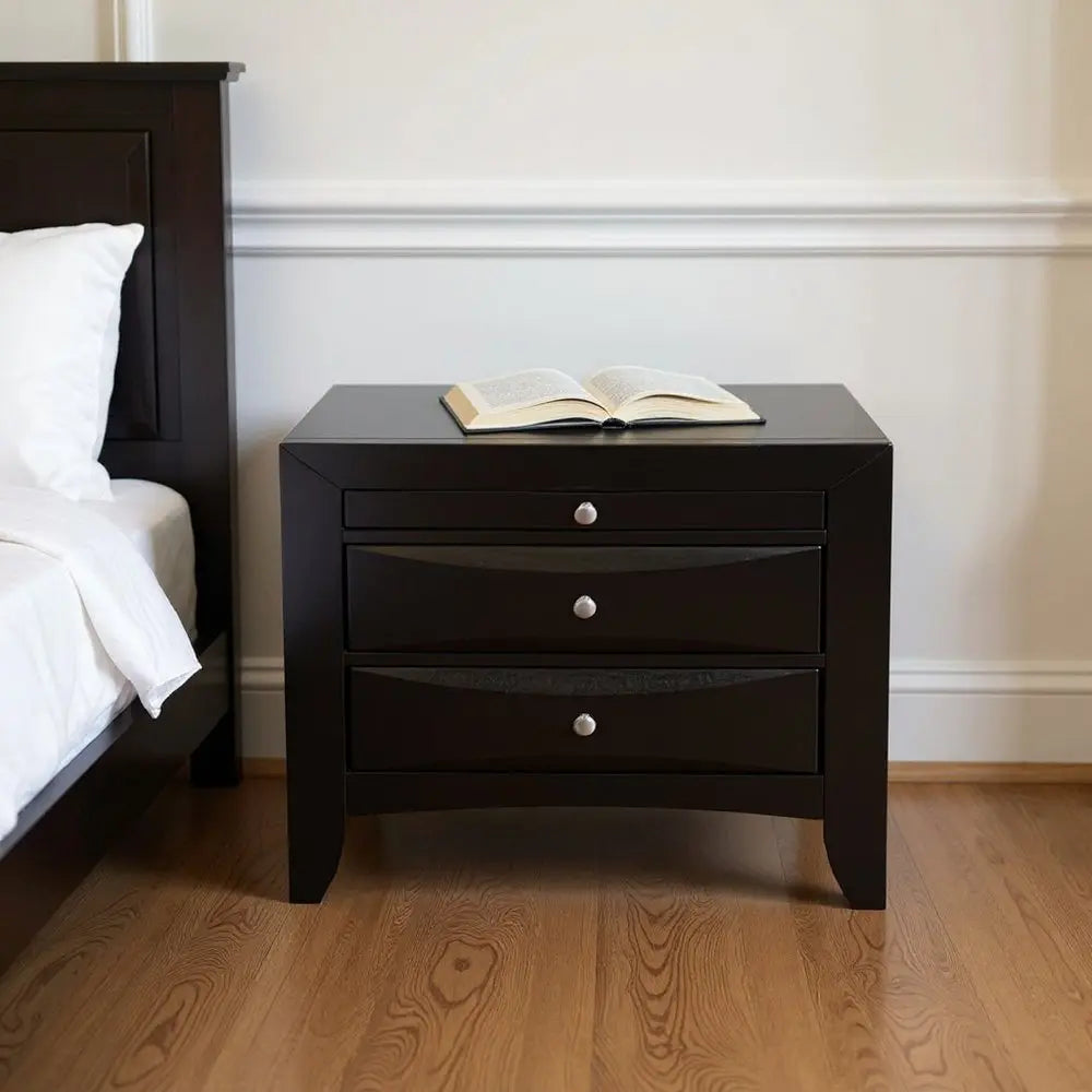 25" Black Solid Wood Three Drawer Nightstand HomeRoots