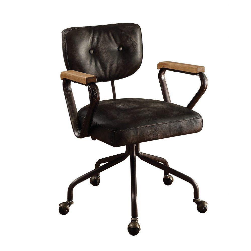 Silla de oficina ejecutiva giratoria ajustable de cuero negro y marrón oscuro con ruedas