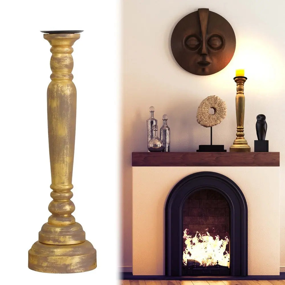 29" Gold Distressed Solid Wood Tabletop Taper Candlestick - NOVA HOME FURNITURE