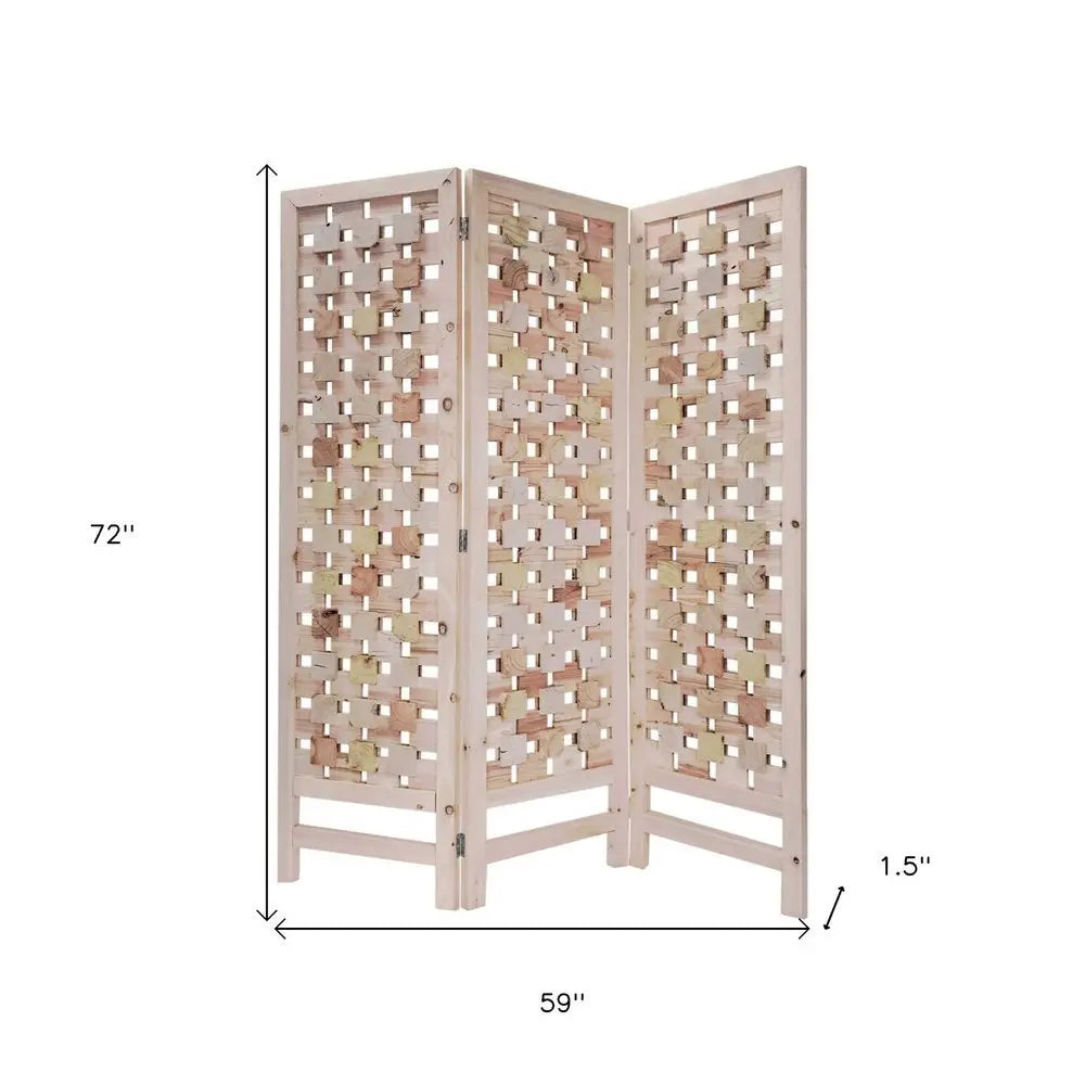 3 Panel Pink Room Divider With Cut Square Wood Design - NOBLE HOME INTERIORS