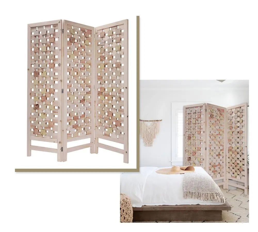 3 Panel Pink Room Divider With Cut Square Wood Design - NOBLE HOME INTERIORS