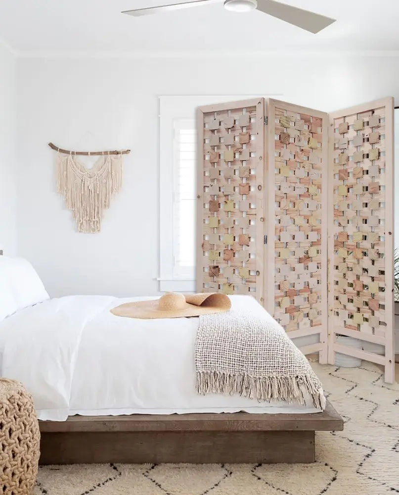 3 Panel Pink Room Divider With Cut Square Wood Design - NOBLE HOME INTERIORS