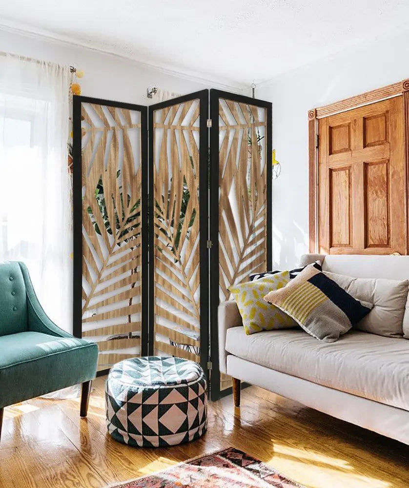 3 Panel Room Divider With Tropical Leaf Design - NOBLE HOME INTERIORS
