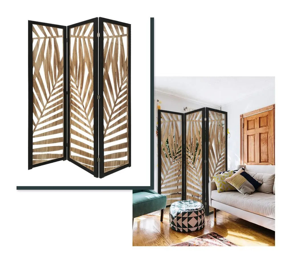 3 Panel Room Divider With Tropical Leaf Design - NOBLE HOME INTERIORS
