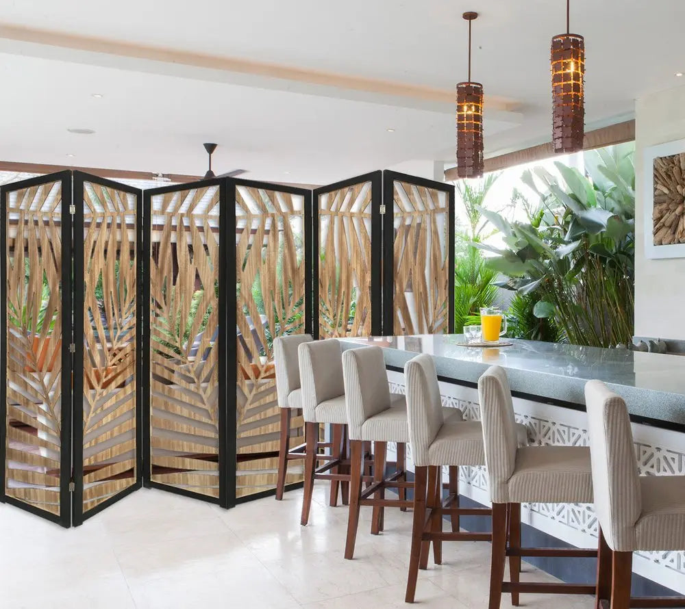 3 Panel Room Divider With Tropical Leaf Design - NOBLE HOME INTERIORS