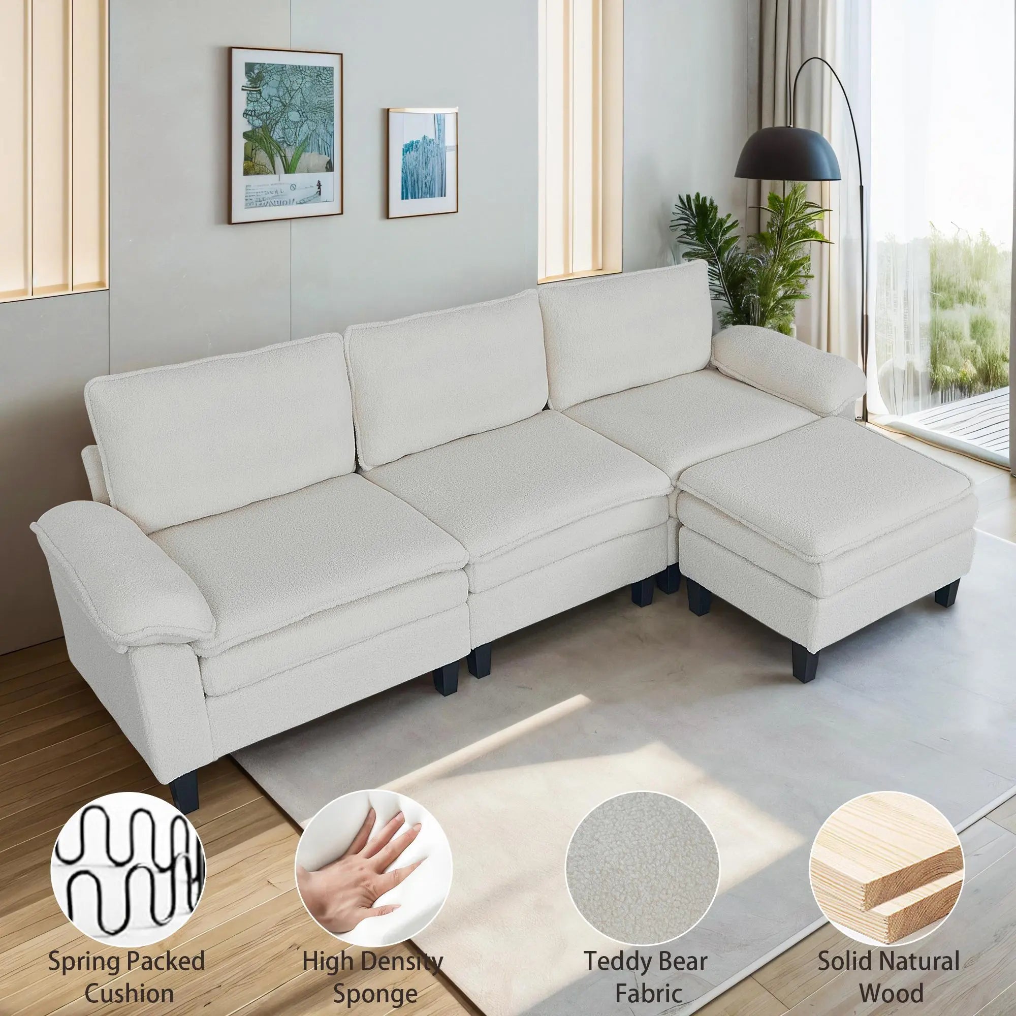 3 - Seater Modular Sofa with Ottoman - Teddy Velvet, Solid Wood & Spring Cushion, Double - Layered Seat for Living Room - NOVA - HOME - FURNITURE