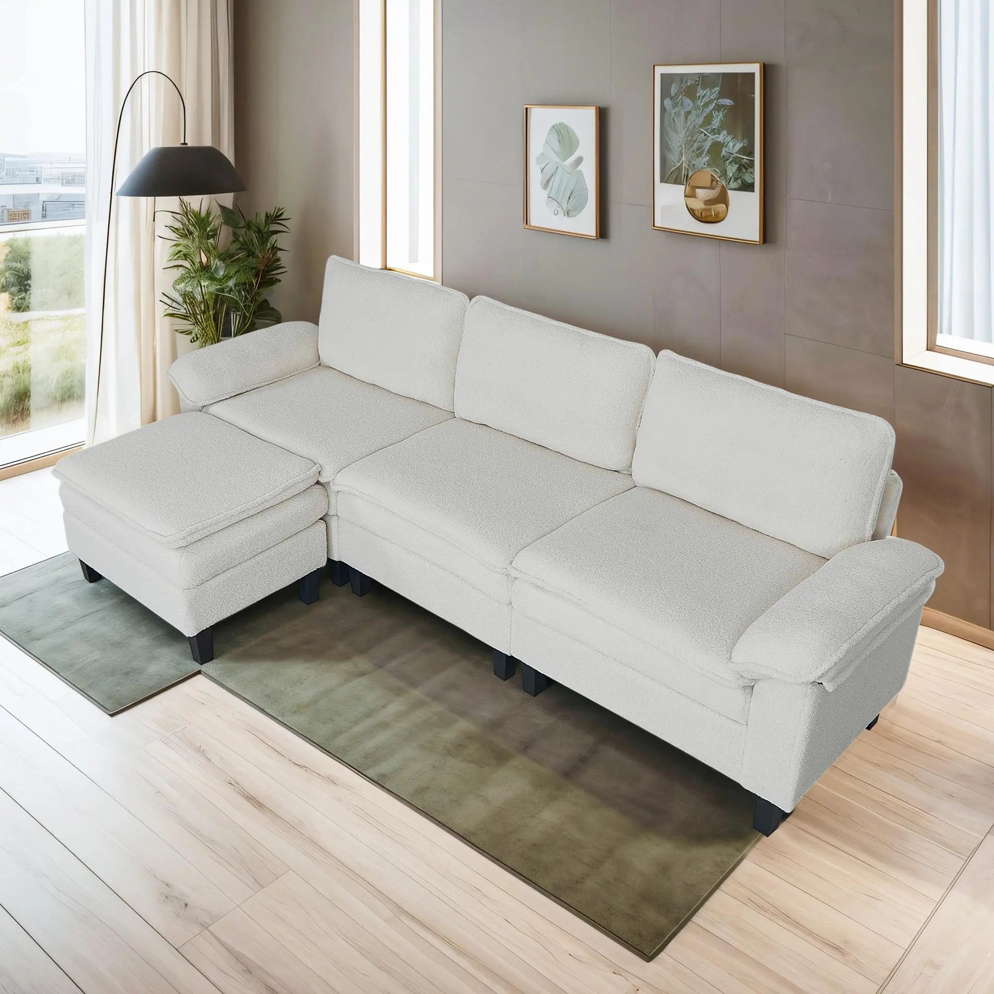 3 - Seater Modular Sofa with Ottoman - Teddy Velvet, Solid Wood & Spring Cushion, Double - Layered Seat for Living Room - NOVA - HOME - FURNITURE