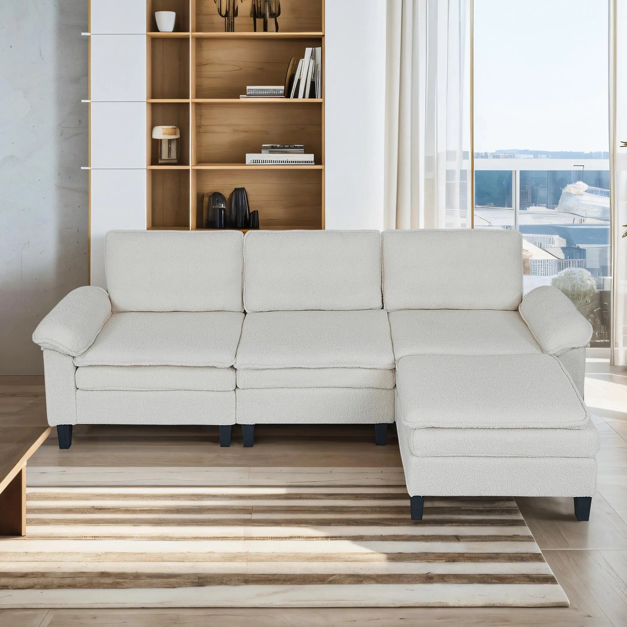 3 - Seater Modular Sofa with Ottoman - Teddy Velvet, Solid Wood & Spring Cushion, Double - Layered Seat for Living Room - NOVA - HOME - FURNITURE