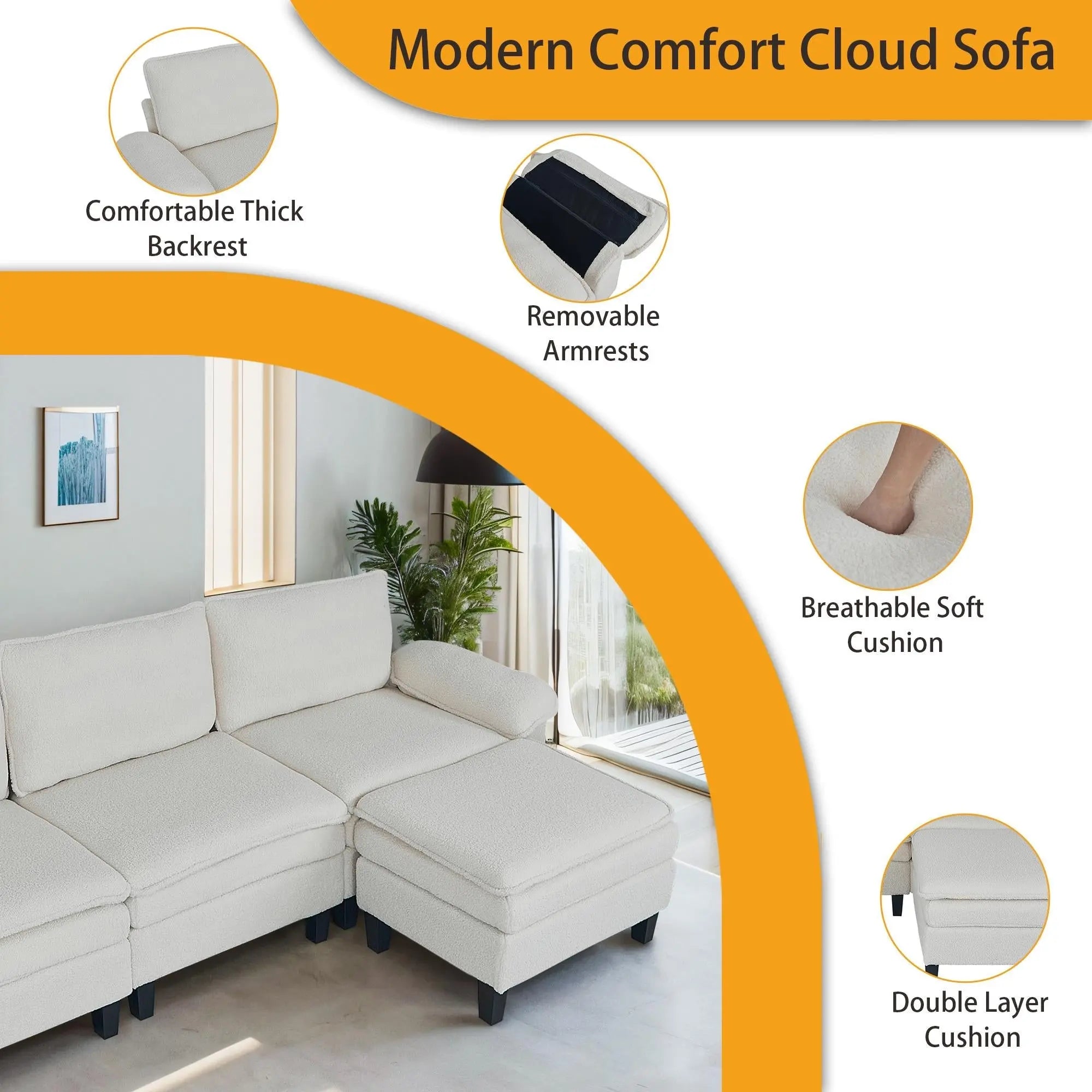 3 - Seater Modular Sofa with Ottoman - Teddy Velvet, Solid Wood & Spring Cushion, Double - Layered Seat for Living Room - NOVA - HOME - FURNITURE