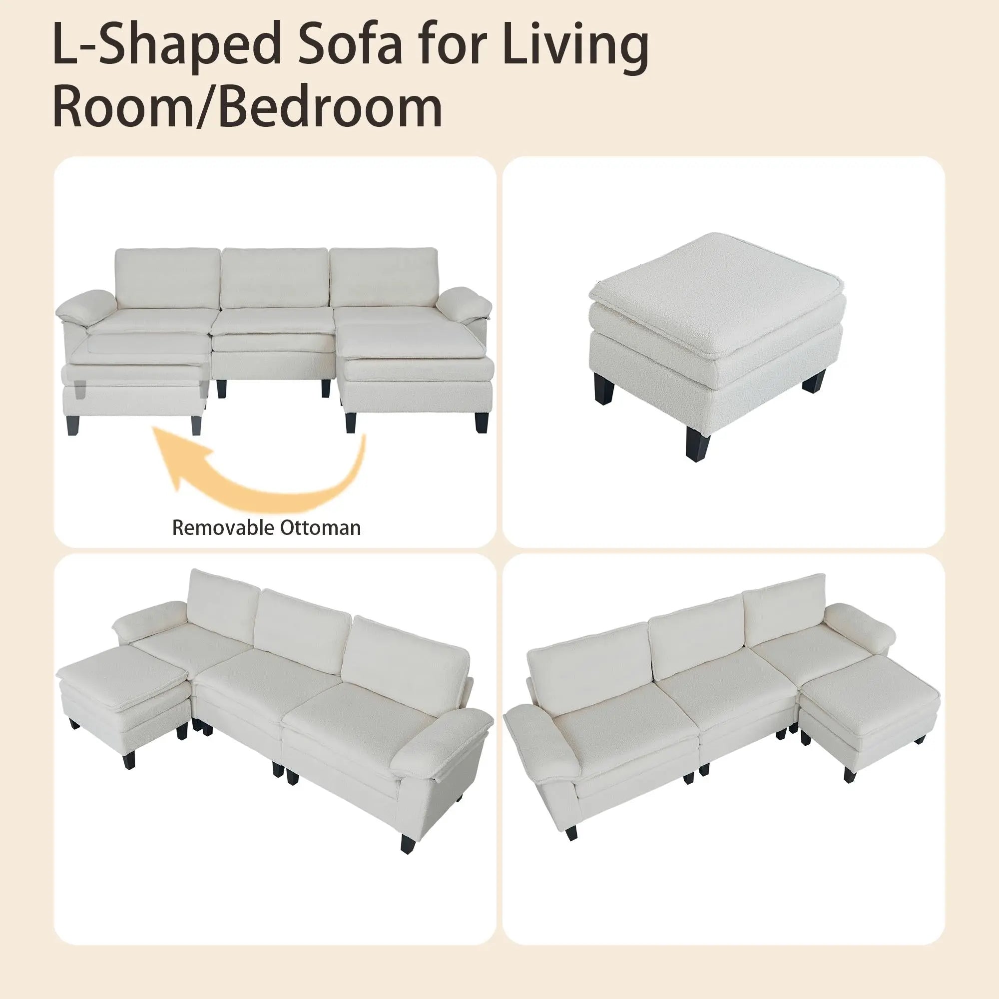 3 - Seater Modular Sofa with Ottoman - Teddy Velvet, Solid Wood & Spring Cushion, Double - Layered Seat for Living Room - NOVA - HOME - FURNITURE